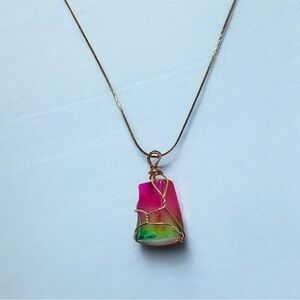 Handmade Iridescent Rainbow Pendant Gold Tone Chain Necklace Boho Jewelry